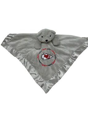 Kansas City Chiefs Baby Lovey Blanket Plush Bear Gray Satin Trim 12"x12"